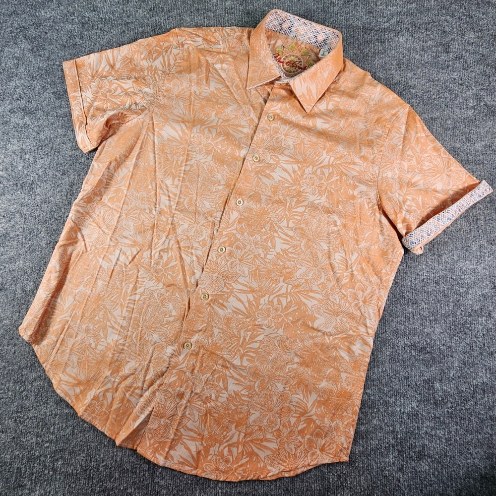 Robert Graham Highland 2 Jacquard Short Sleeve Shirt Mens L Orange Floral Print